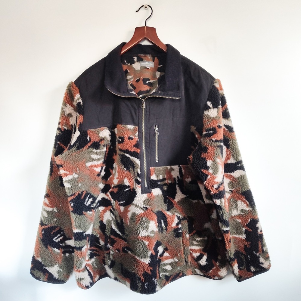 LL Bean Signature Fleece Pullover Size‎ XXL High Pile 1/2 Zip Camo Black Green